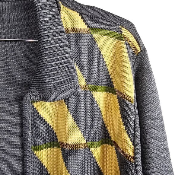 Vintage Retro Pattern Open Front Knit Gray And Yellow Metallic Cardigan Sweater - Picture 2 of 5